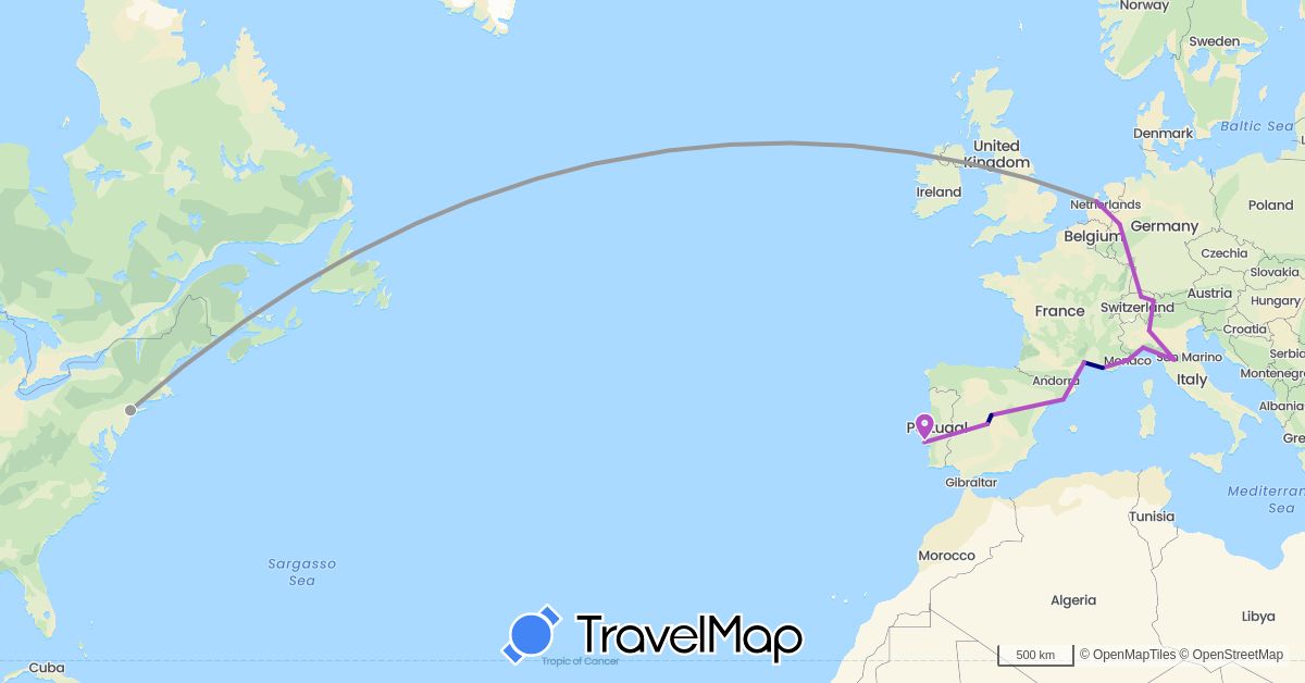 TravelMap itinerary: driving, plane, train in Switzerland, Germany, Spain, France, Italy, Liechtenstein, Monaco, Netherlands, Portugal, United States (Europe, North America)