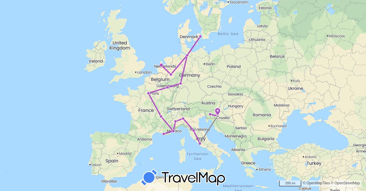 TravelMap itinerary: driving, plane, train in Germany, Denmark, France, Croatia, Italy, Luxembourg, Netherlands, Slovenia (Europe)